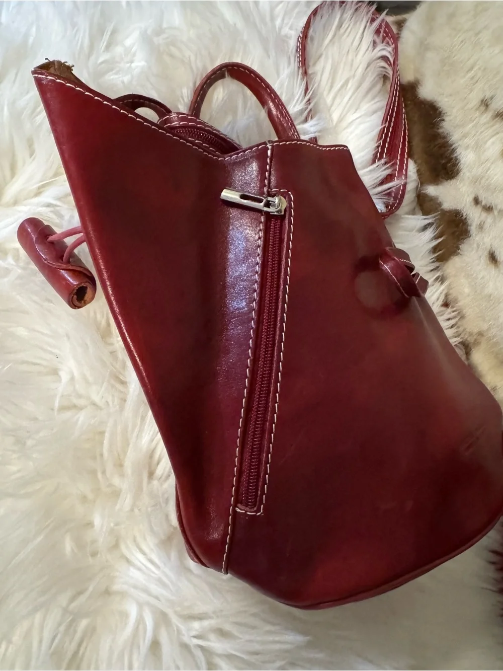 Vera Pelle Burgundy Full Grain Italian Leather Backpack Crossbody